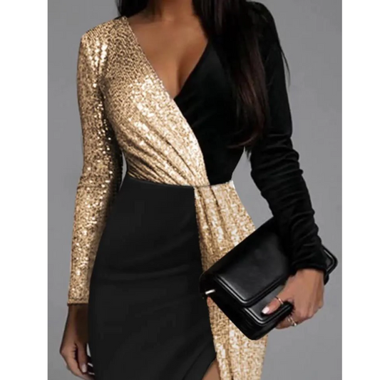 Eva | Gouden glitterjurk met split en Vhals