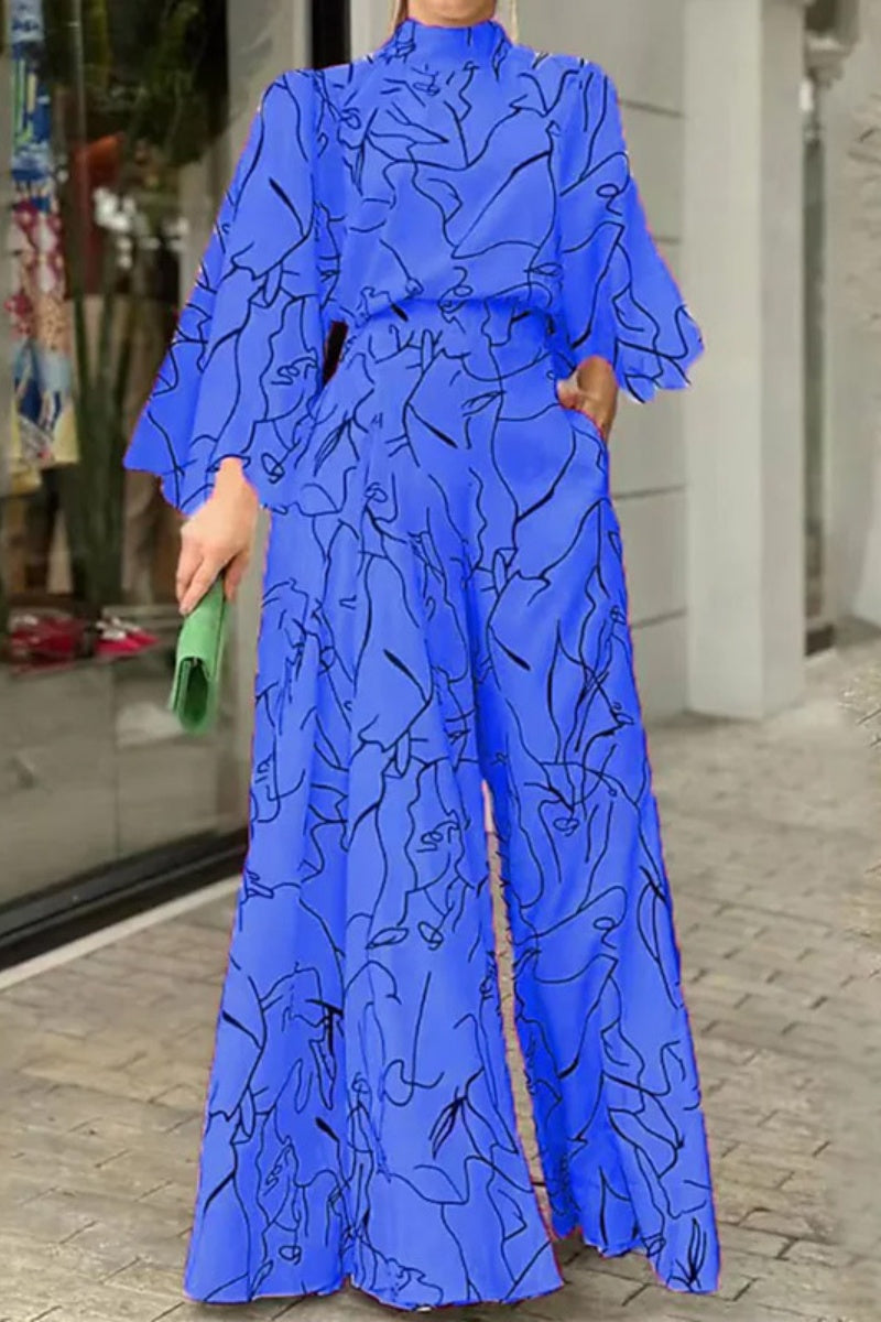 Casual Print Patchwork Half A Turtleneck Sweater Regular Jumpsuits (looseaspberry print)