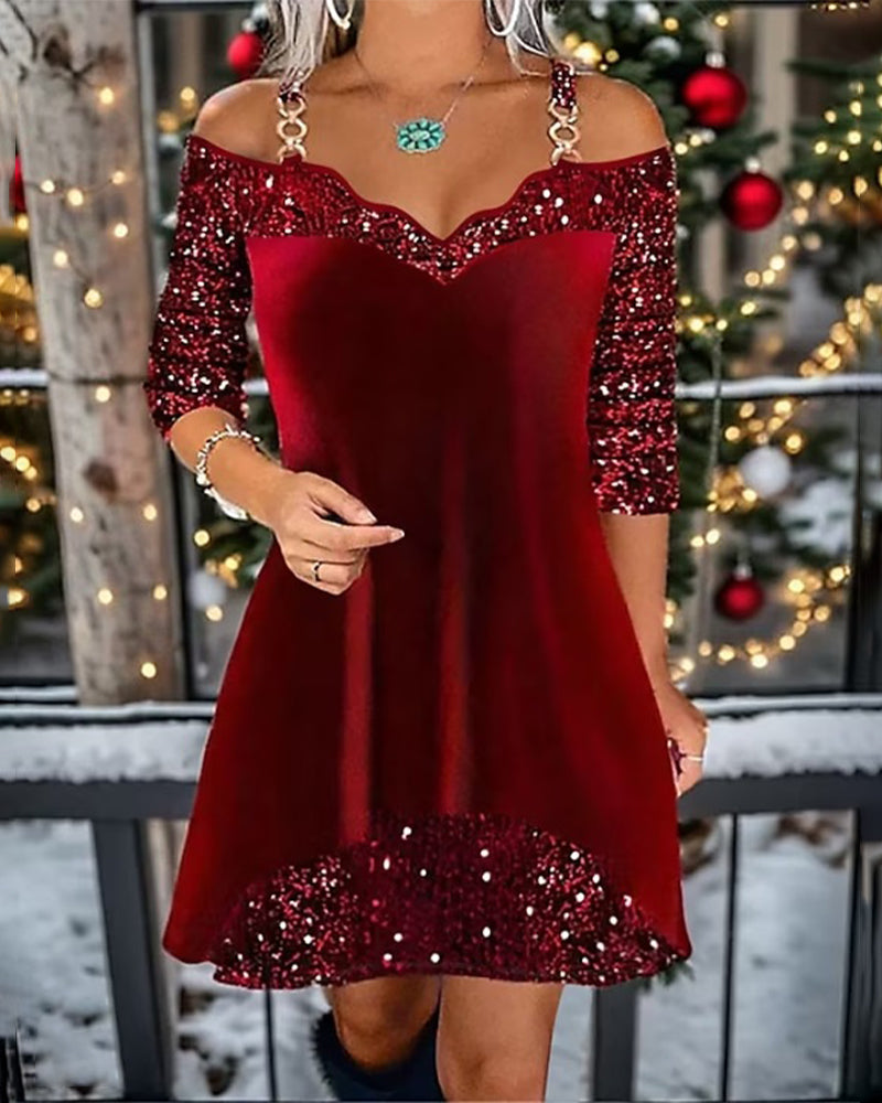 Offshoulder jurkje met pailletten