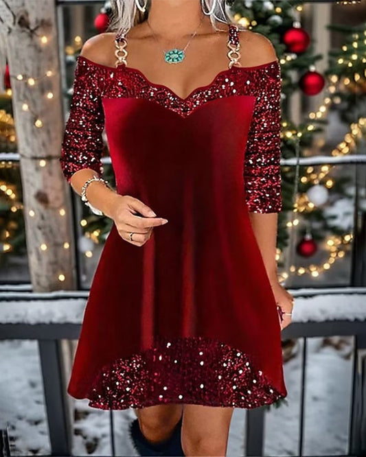 Offshoulder jurkje met pailletten