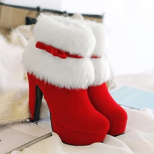 Roodzwarte winterlaarzen met hoge hak voor dames Perfect voor casual wandelingen, feestjes en kerstevenementen Plusmaten beschikbaar