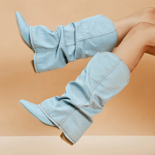Franjes geplooide denim laarzen met blokhak