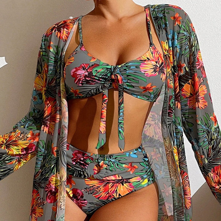 3-delige bikini met bloemen en gewaad