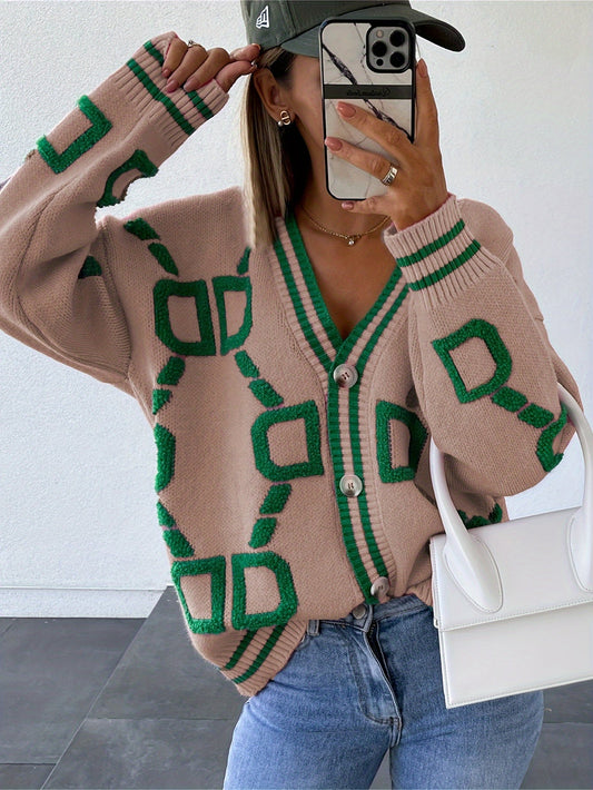 Gebreide Cardigan met Kleurblokken | Vhals Knoopsluiting Cardigan Casual Herfst & Winter, Damestrui