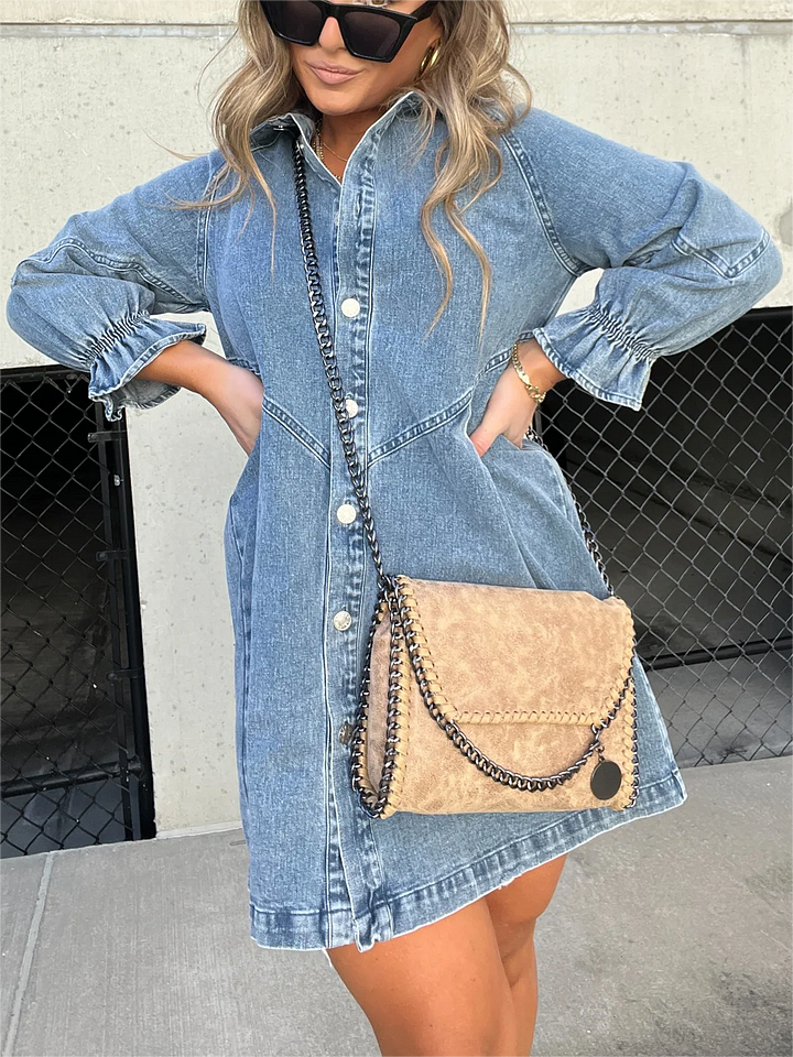 Aileen Gewassen denim jurk met pofmouwen