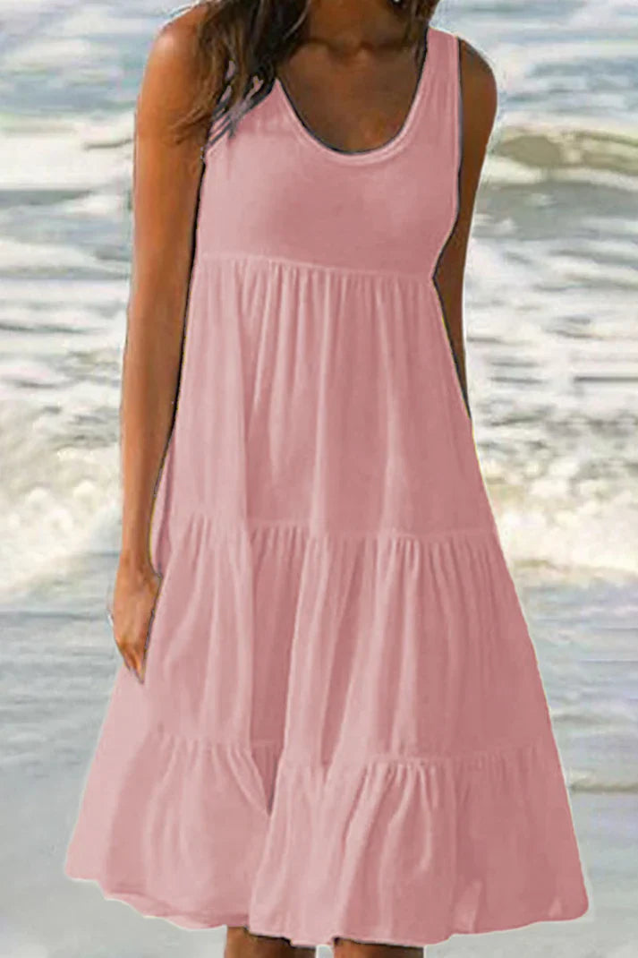 Anja Pastelkleurige rokjurk met ronde hals in effen, zacht, modieus patchwork