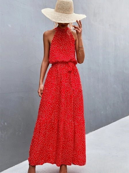 Aviana Strappy halter jumpsuit jurk met ruches en stippenprint, bestseller