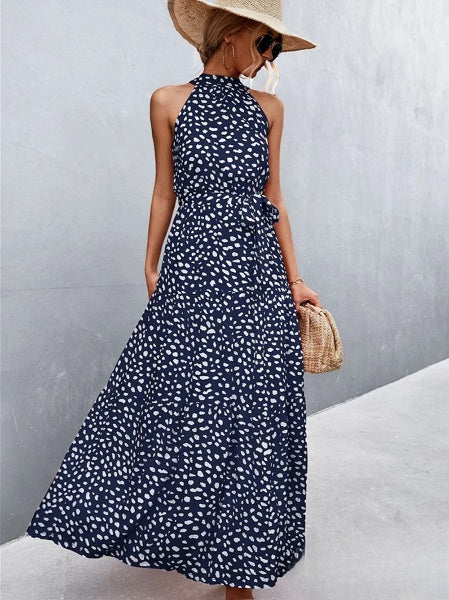 Aviana Strappy halter jumpsuit jurk met ruches en stippenprint, bestseller