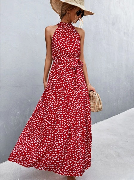 Aviana Strappy halter jumpsuit jurk met ruches en stippenprint, bestseller