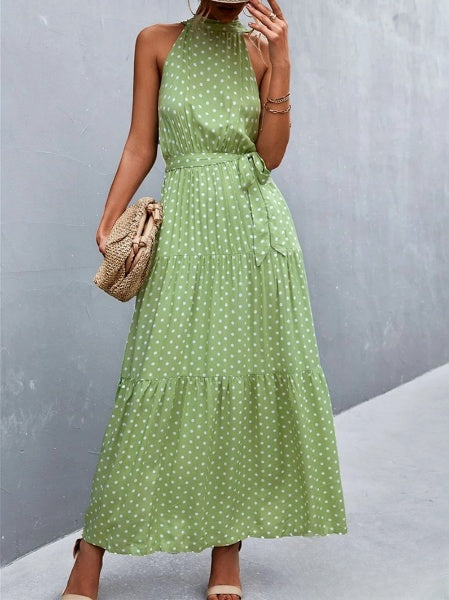 Aviana Strappy halter jumpsuit jurk met ruches en stippenprint, bestseller