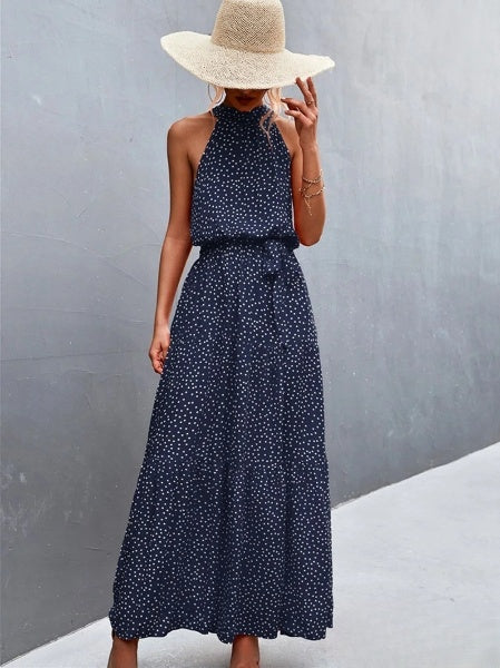 Aviana Strappy halter jumpsuit jurk met ruches en stippenprint, bestseller