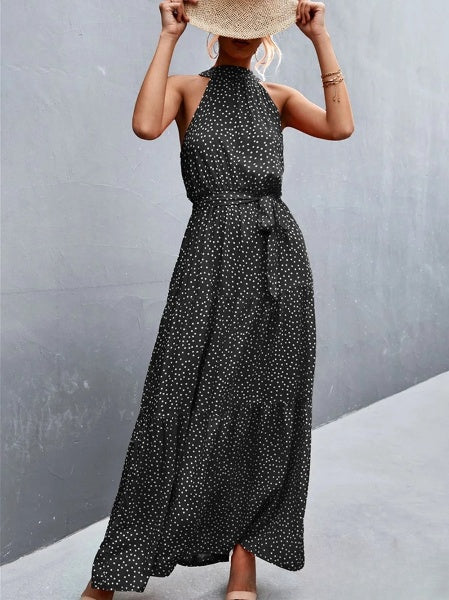 Aviana Strappy halter jumpsuit jurk met ruches en stippenprint, bestseller