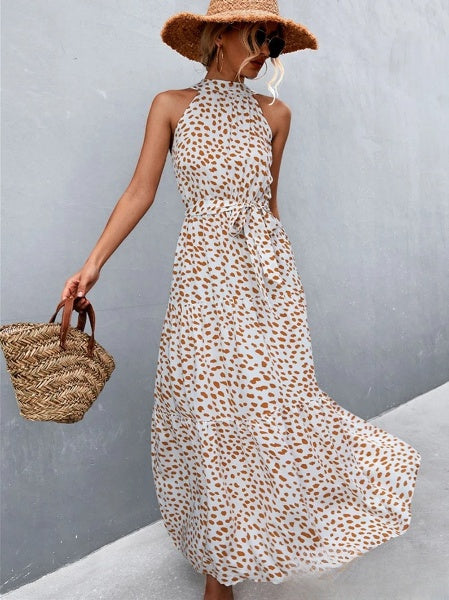 Aviana Strappy halter jumpsuit jurk met ruches en stippenprint, bestseller