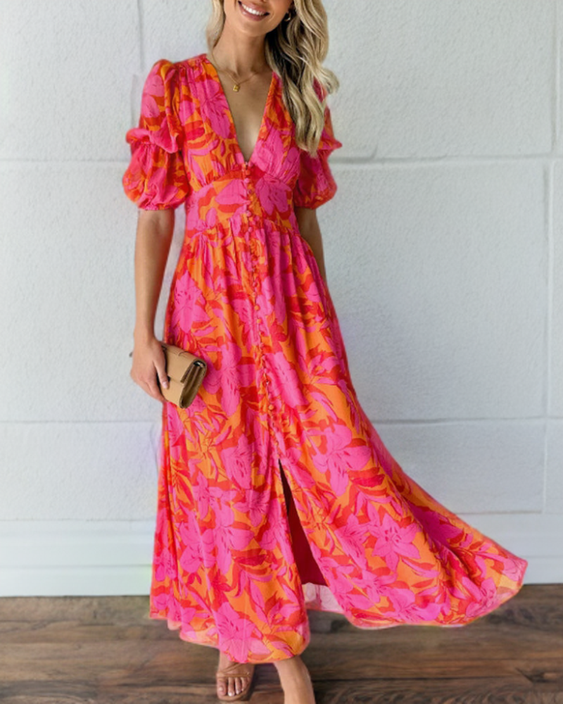 Colleen Elegante jurk met bouffraanmouwen en diepe Vprint