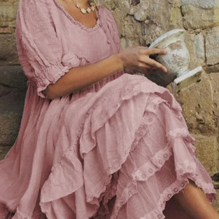 Comfortabele linnen maxijurk met katoenen ruches in vintagestijl