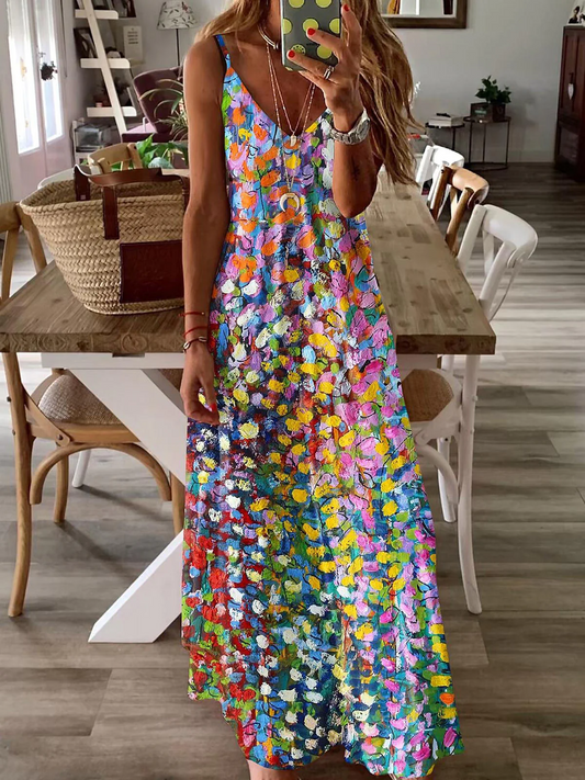 Dimona Mouwloze olieverfjurk met Vhals