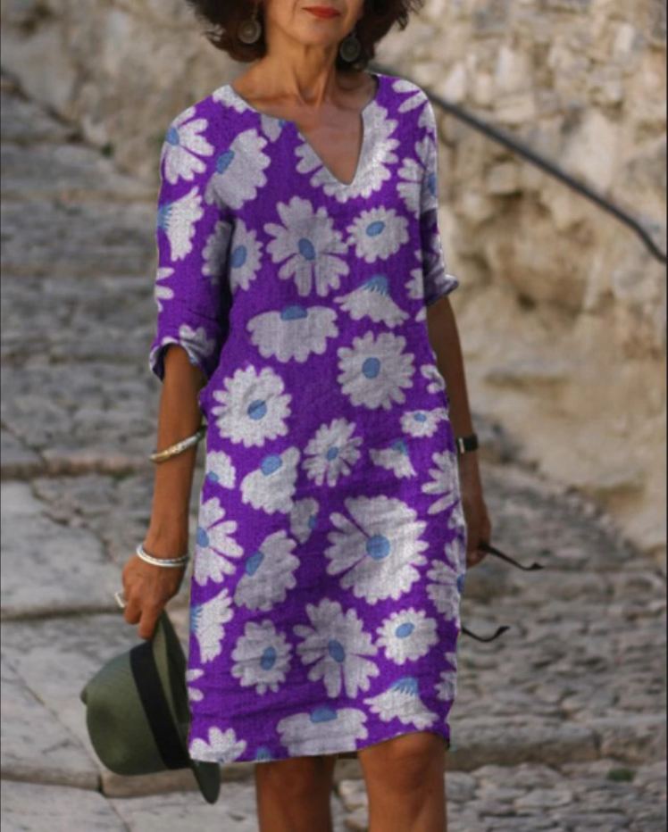Dolores Vintage midijurk met Vhals en halve mouwen