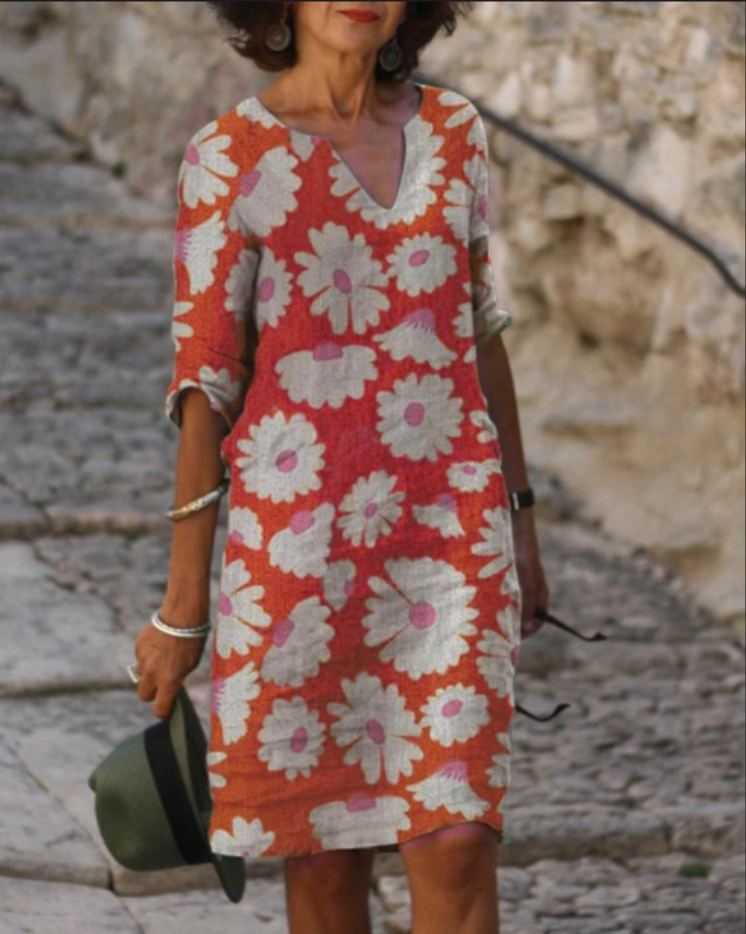 Dolores Vintage midijurk met Vhals en halve mouwen
