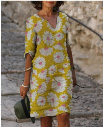 Dolores Vintage midijurk met Vhals en halve mouwen