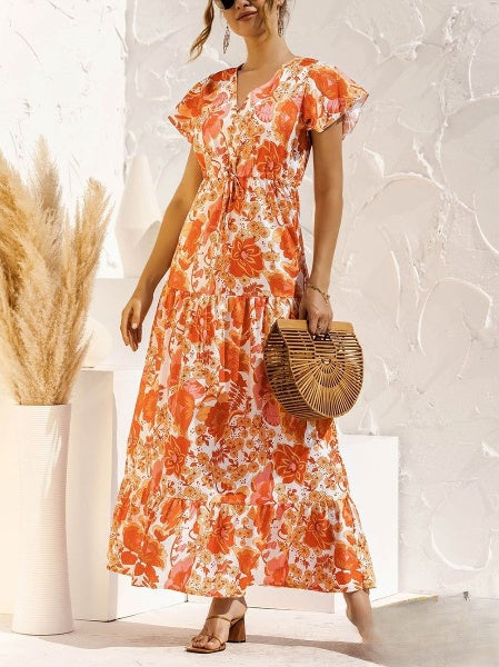 Emaline Lange jurk met bloemenprint en Vhals