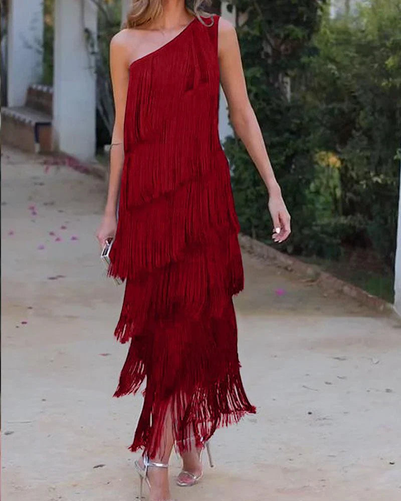 Graciela Elegante jurk met franjes en open schouders