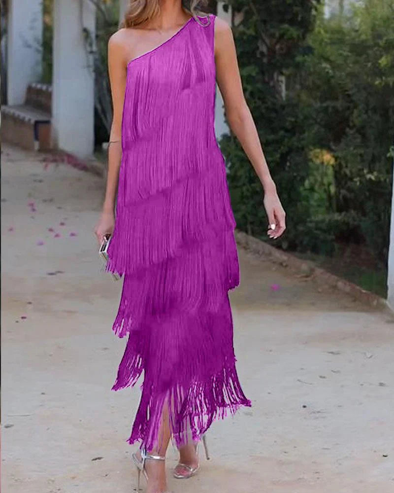 Graciela Elegante jurk met franjes en open schouders