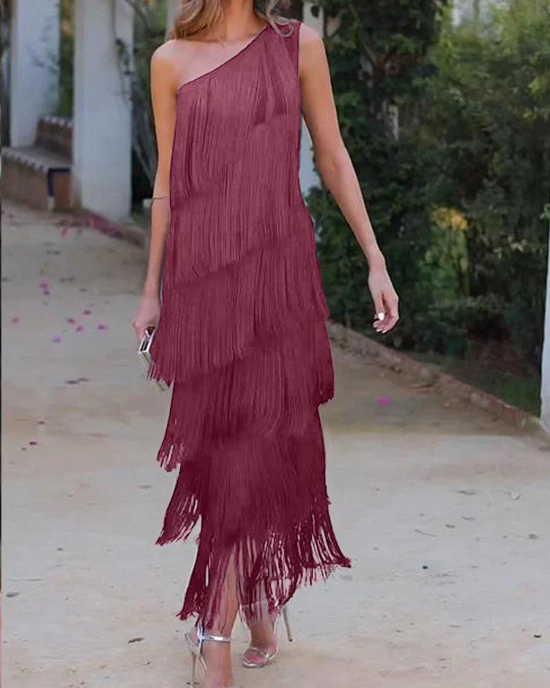 Graciela Elegante jurk met franjes en open schouders