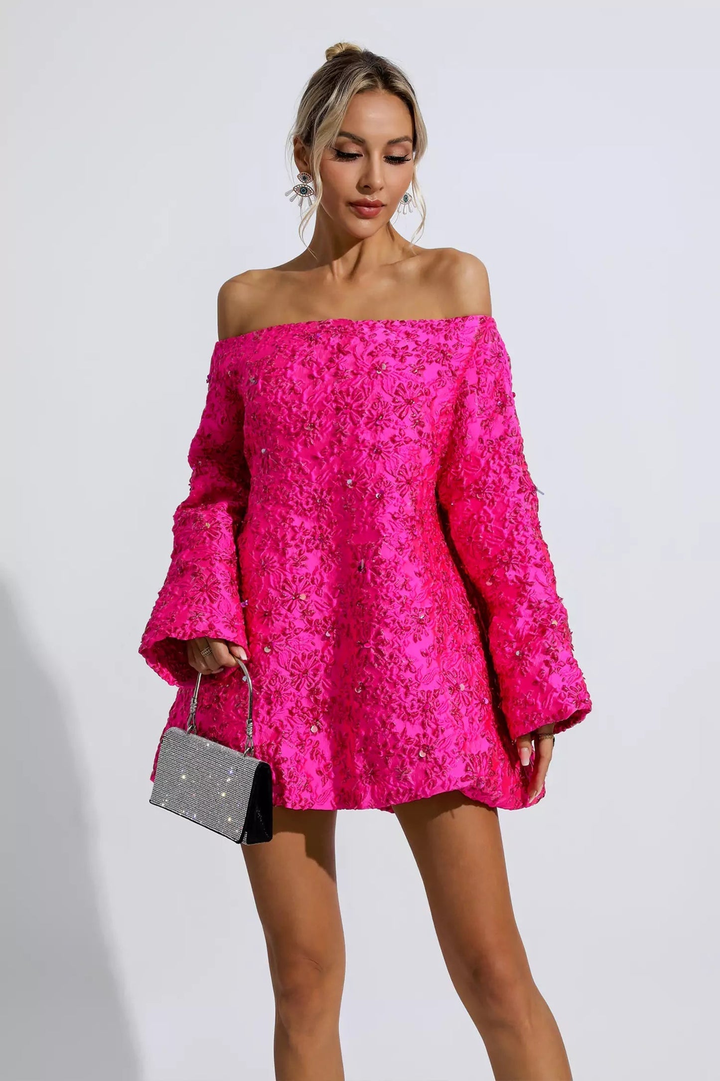 Eva | Roze offshoulder bloemenjurk