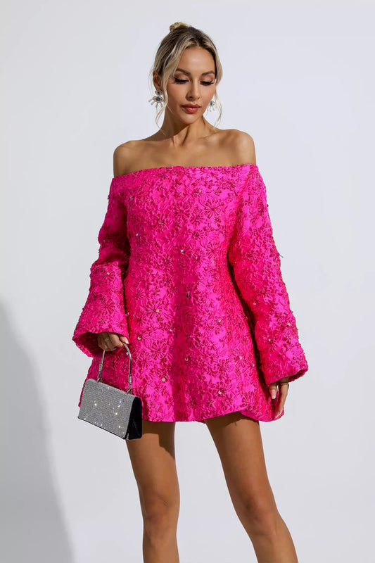 Eva | Roze offshoulder bloemenjurk