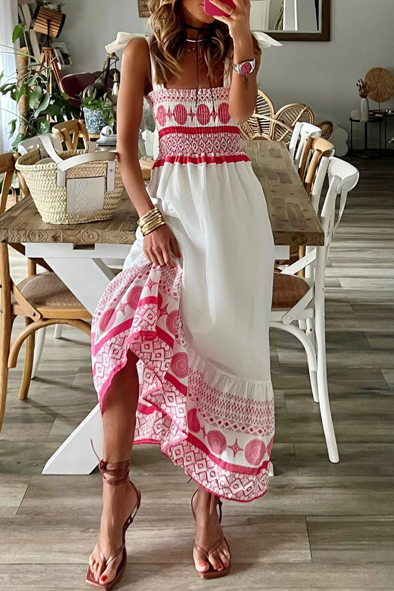 Kimia Casual jurk met print, ruches, vierkante halslijn en bandjes