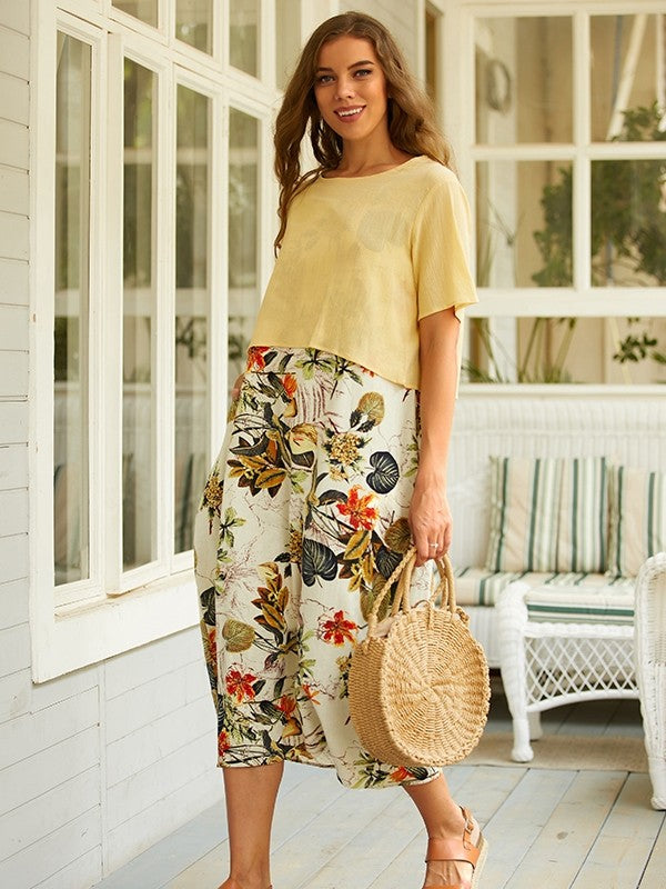 Madison Tweedelige maxijurk in vintage stijl met korte mouwen, ronde hals en bloemenprint