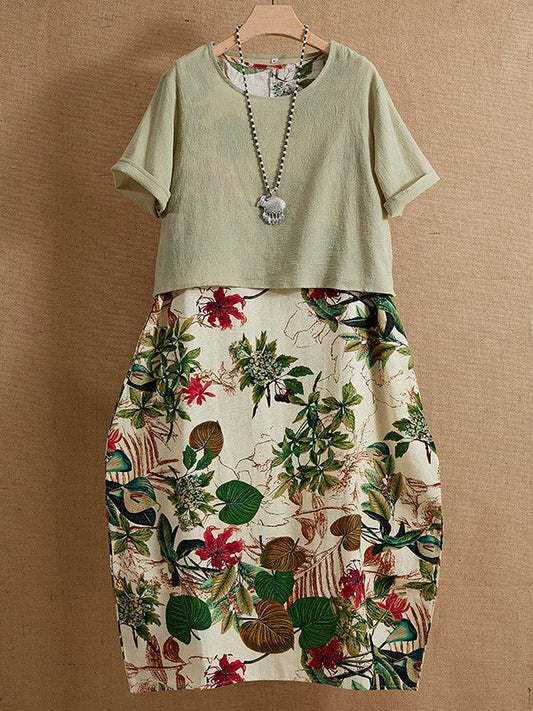 Madison Tweedelige maxijurk in vintage stijl met korte mouwen, ronde hals en bloemenprint