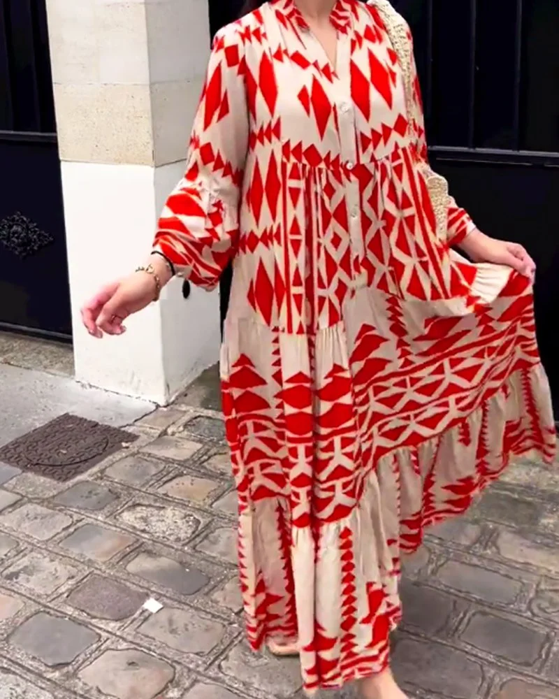 Maggie Bedrukte casual jurk met Vhals en lange mouwen