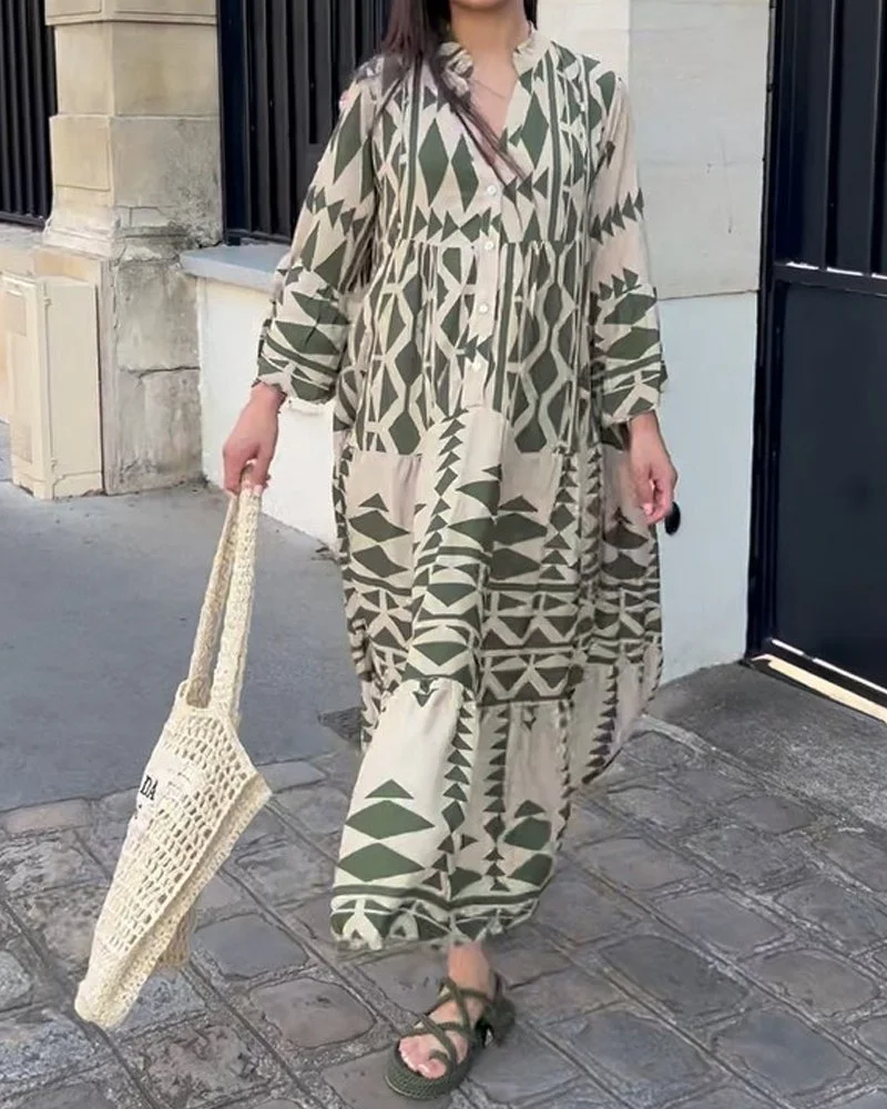 Maggie Bedrukte casual jurk met Vhals en lange mouwen