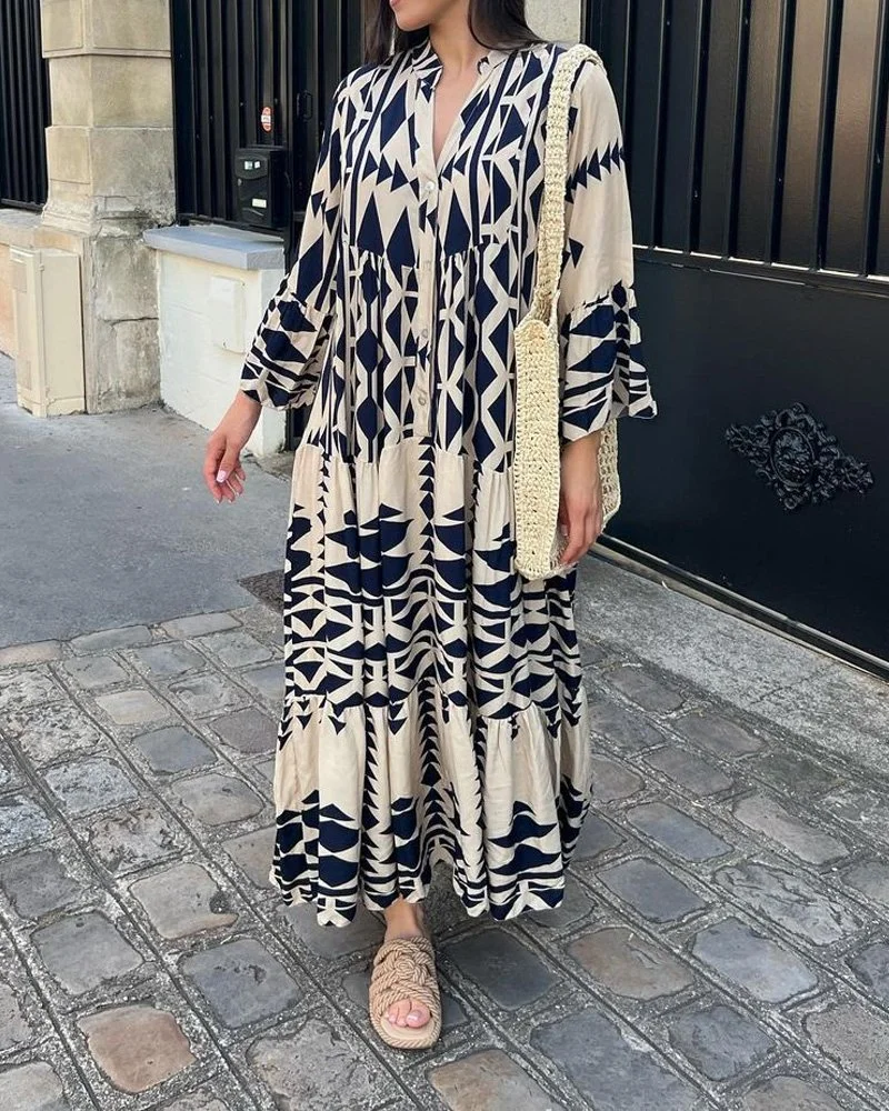 Maggie Bedrukte casual jurk met Vhals en lange mouwen