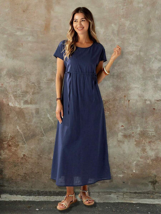 Maren Maxijurk met korte mouwen, ronde hals en verstelbare taille voor dames in effen kleuren