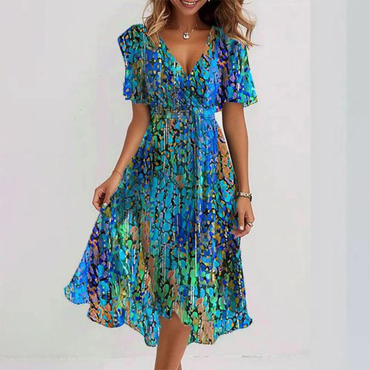 Maudea Blauwe midijurk met korte mouwen