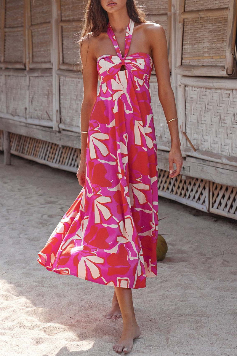 Olive Boheemse halterjurk met bloemenprint
