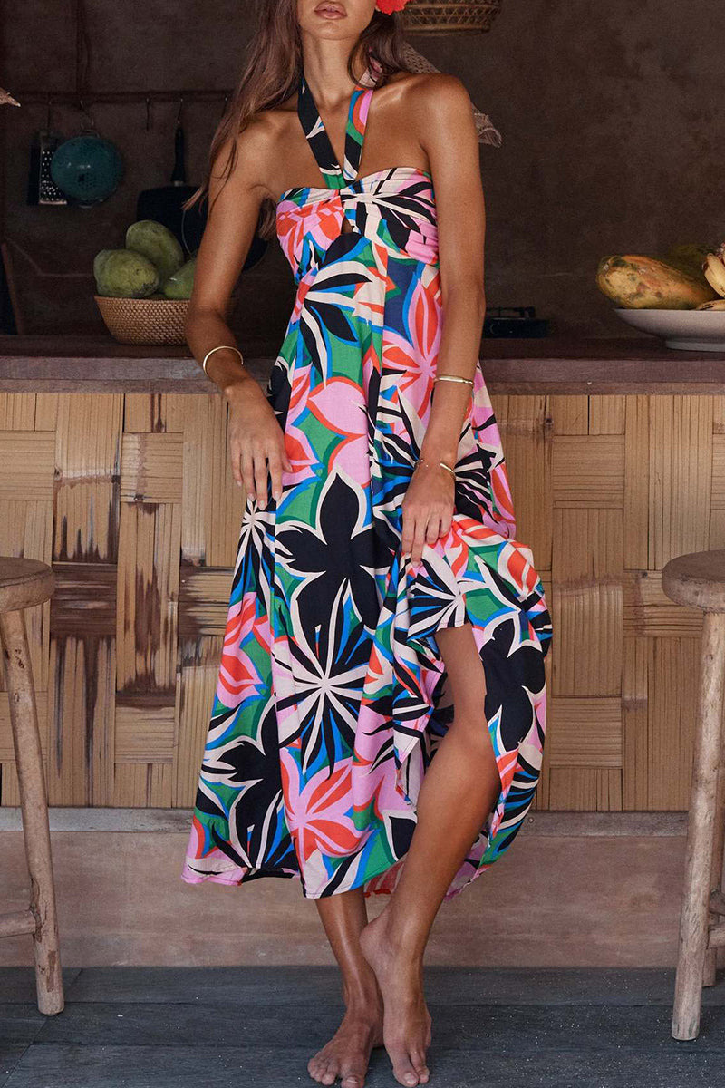 Olive Boheemse halterjurk met bloemenprint