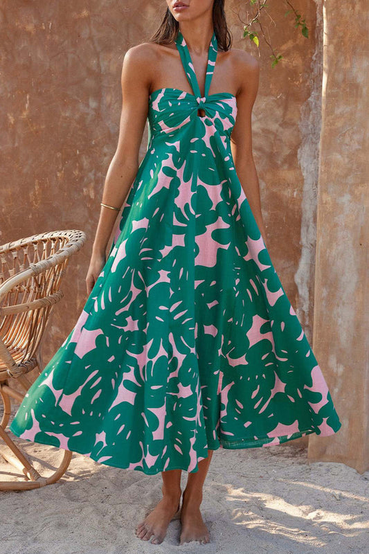Olive Boheemse halterjurk met bloemenprint