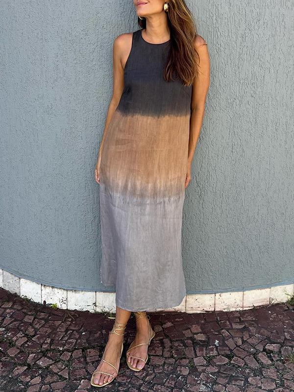 Penelope Mouwloze maxijurk met gelaagde split in tiedye