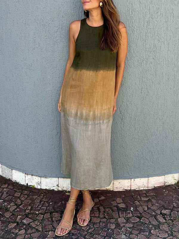 Penelope Mouwloze maxijurk met gelaagde split in tiedye