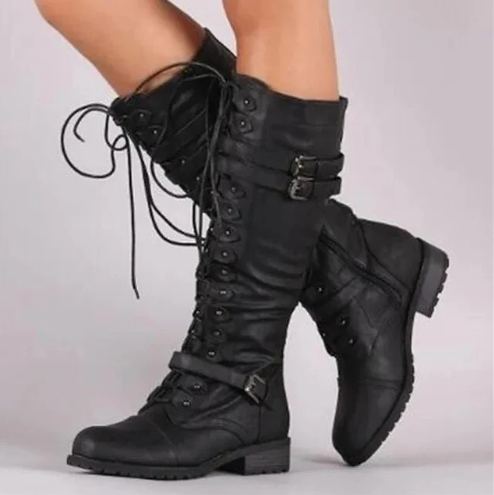 Bailee retro laarzen met platte gesp en veters