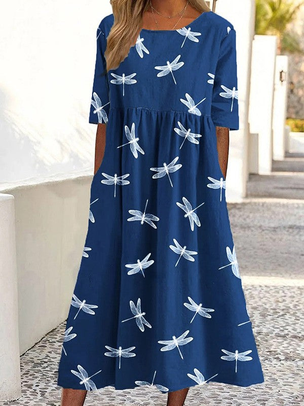 Sophine Ronde jurk met korte mouwen en libellenprint