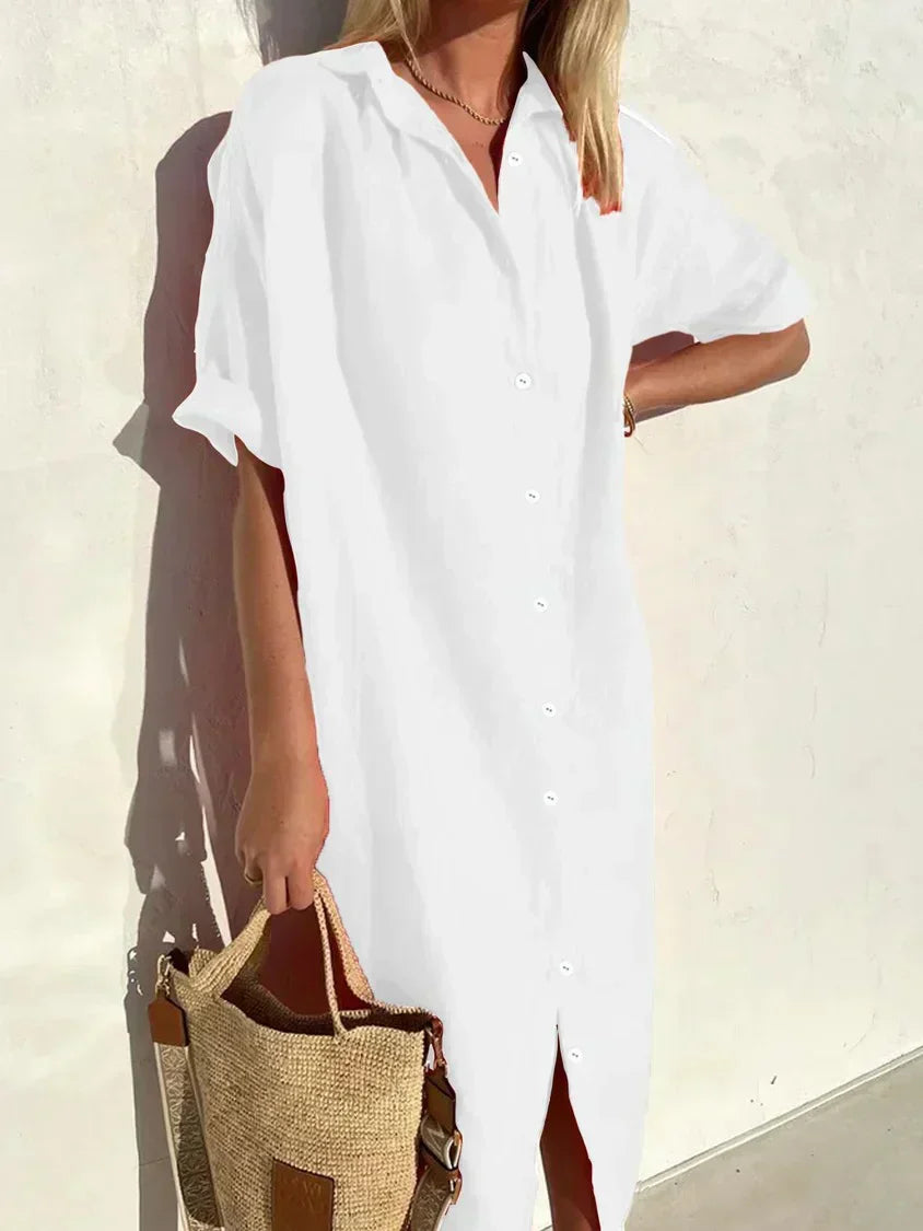 Tori Elegante casual jurk voor dames met volle mouwen en knopen Katoenen en linnen jurk