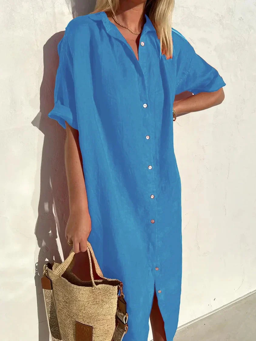 Tori Elegante casual jurk voor dames met volle mouwen en knopen Katoenen en linnen jurk
