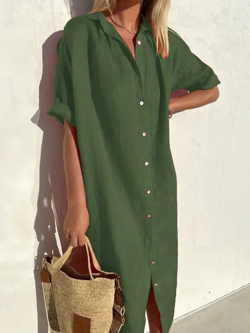 Tori Elegante casual jurk voor dames met volle mouwen en knopen Katoenen en linnen jurk