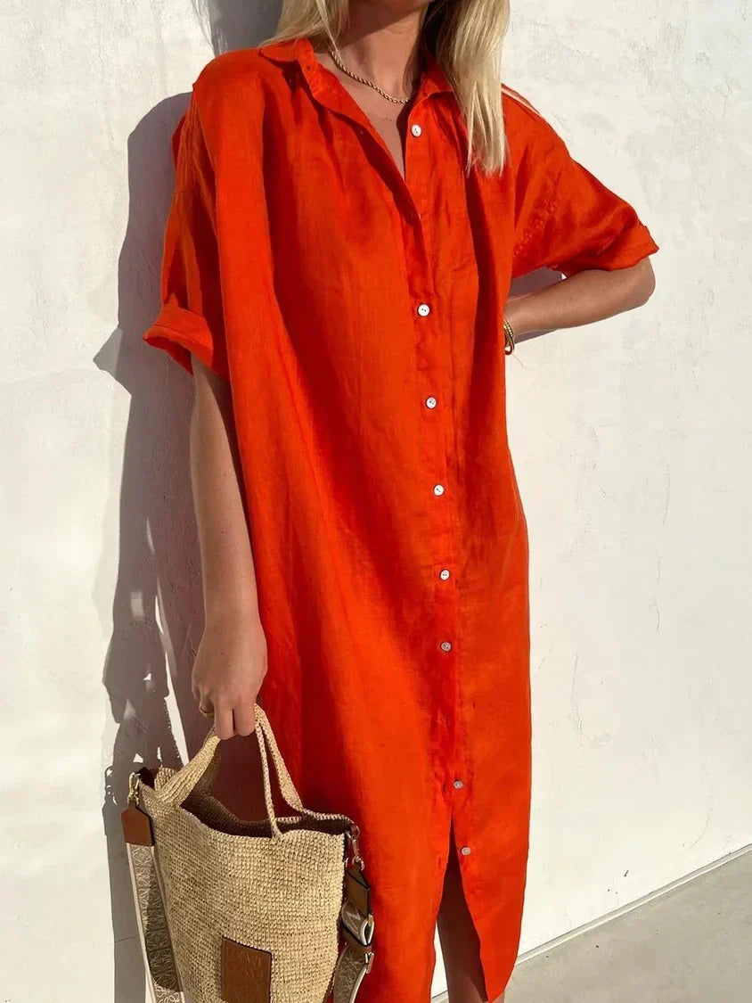Tori Elegante casual jurk voor dames met volle mouwen en knopen Katoenen en linnen jurk