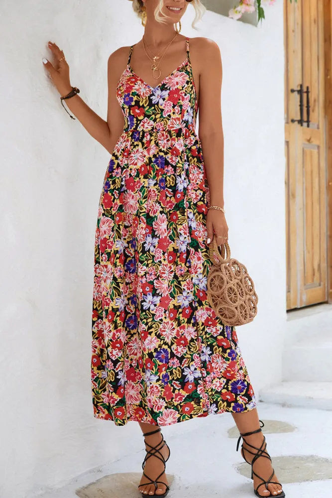 Zariyah midijurk met bloemenprint en bandjes