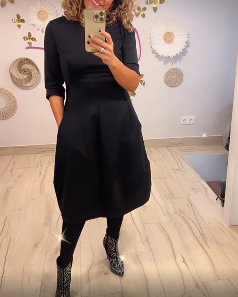 A-lijn Jurk - Eenvoudig - Katoen, Midi Lengte, Ronde Hals - Ideaal voor Lente, Herfst, Winter